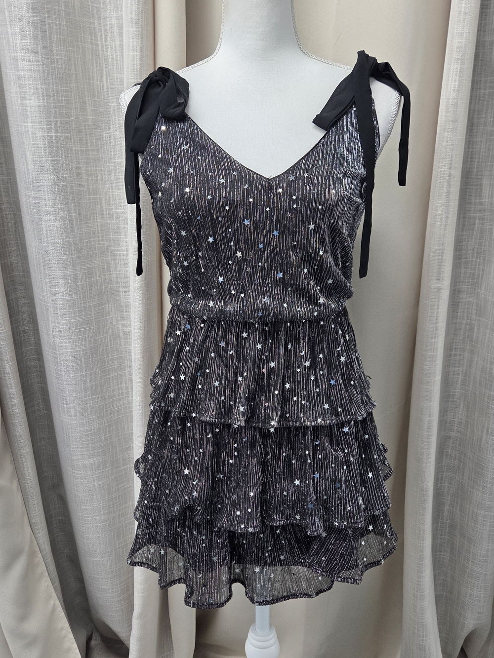 Lulus Black V-Neck Top XS Dreamscape Whimsigoth Stardust Nebula